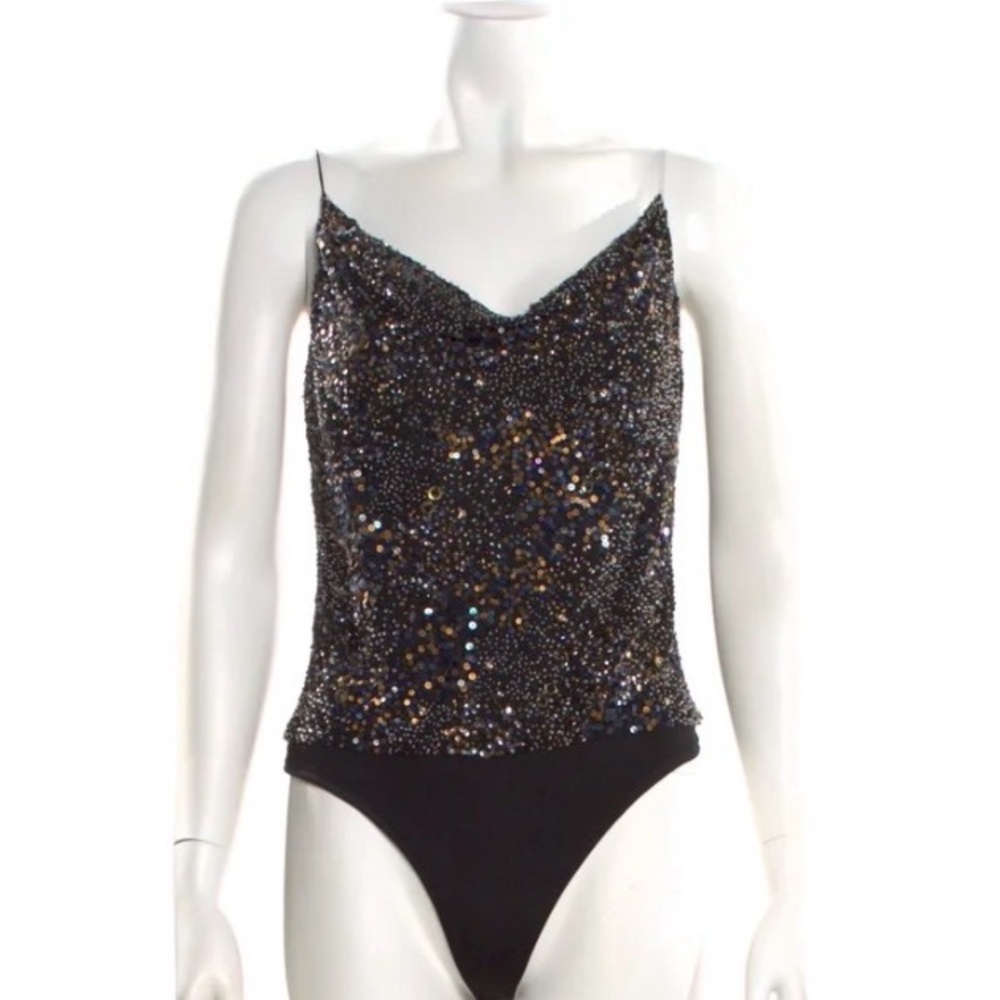 Sequin Embellished Black Bodysuit Top